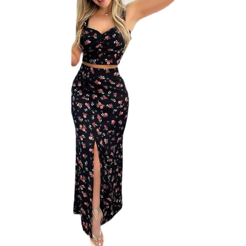 Printed Blouse and Split Skirt Set Fashion Women's Floral Tops Split Dress Suit