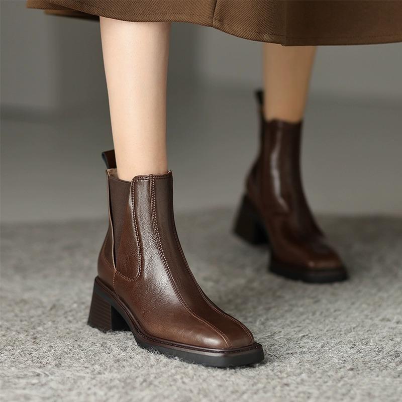 Autumn and Winter Retro Short Boots Women's 2024 New Genuine Leather Thick Heel Square Toe Chelsea Boots High Heel Woman's Shoes