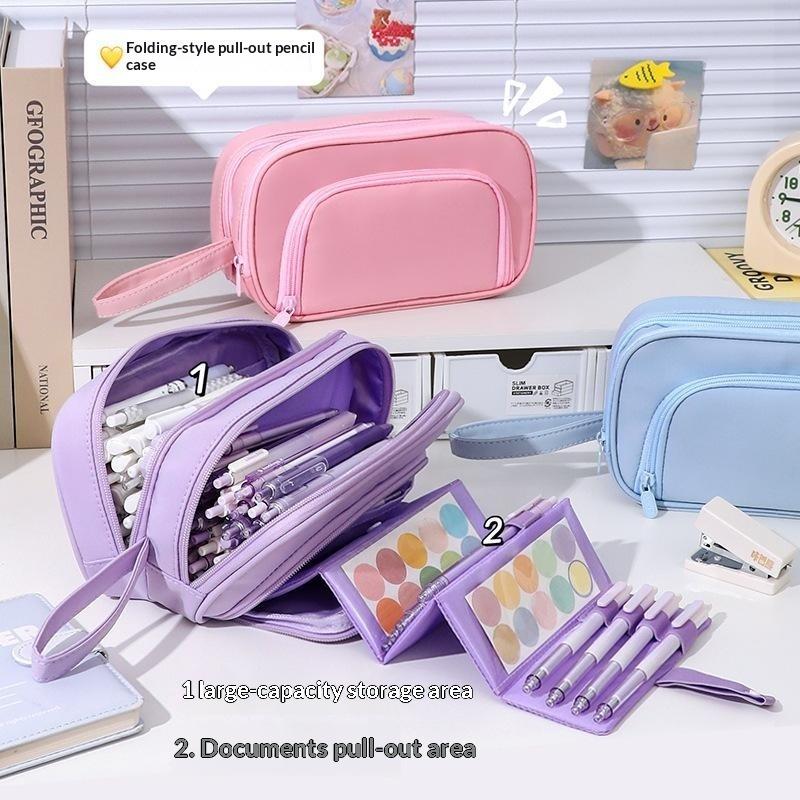 Kawaii 3-Layer Large Capacity Pencil Case Student Pencil Bag School Stationery Supplies Box Solid-Color Makeup Storage Bag