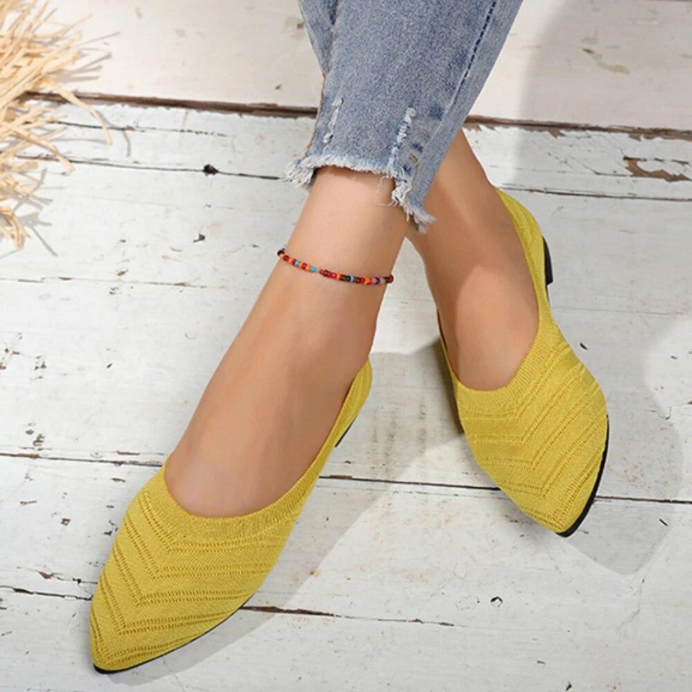 Damesko med spiss tå, ensfargede strikkede sko, avslappede pustende ballerinasko, damesko, loafers, sneakers, Zapatos De Mujer