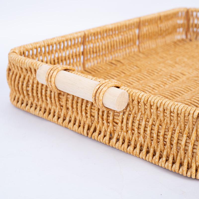 Multi-Use Pp Woven Storage Basket With Wooden Handle Modern Rectangular Shallow Bin For Living Room Bedroom Kitchen Hotel Servic