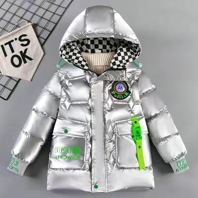 Winter Kids Boys Down Coats Teenagers Glossy Velvet Thicken Medium Long Cotton Down Jacket Children Letter Hooded Outerwear