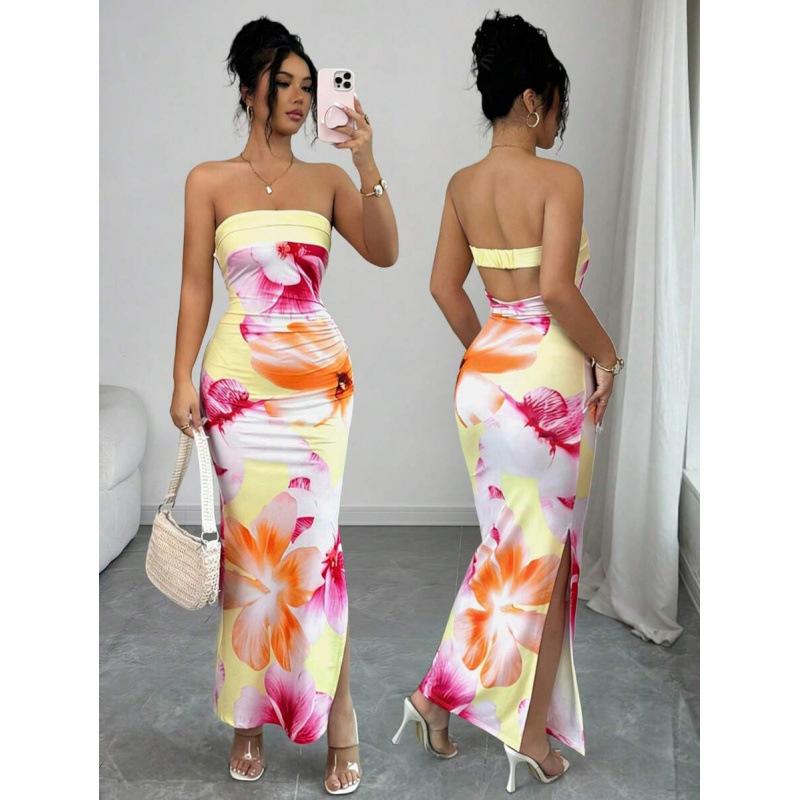 Europe, America 2026 summer bohemian floral print backless vacation long dress women S жёлтый