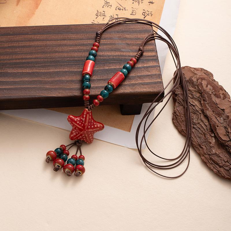 

Летнее керамическое разноцветное ожерелье с бусинами и морской звездой, длинное плетеное веревочное ожерелье, аксессуар ярко-красный