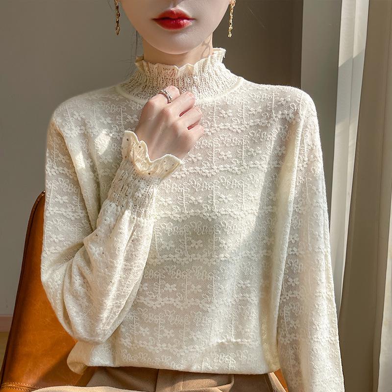 

Женский вязаный жаккардовый свитер с оборками по низу - Тонкий, ажурный, с полувысоким воротником для весны/лета. L (Fits 105-120 lbs) бежевый