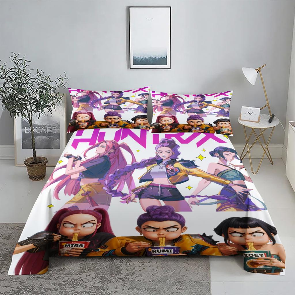 Golden Demon Hunters K-pop Bed Sheet Set 3D Printed Bed Flat Sheet With Pillowcase Bed Linen King Queen Size