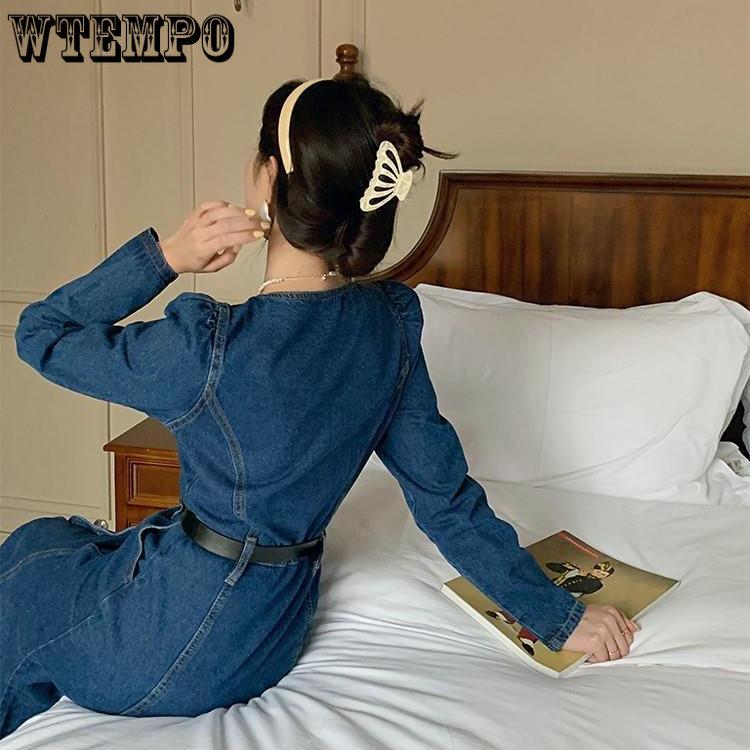 2023 Retro Square Neck Bubble Sleeve Denim Kleid Weiblichen Frühling Chic Langarm Hohe Taille Einfarbig Denim Fischschwanz Kleider