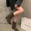 Thick Heel Pointed Western Cowboy Boots Women's Boots New Thin Short Boots Spring and Autumn Single Boots Brown Martin Boots