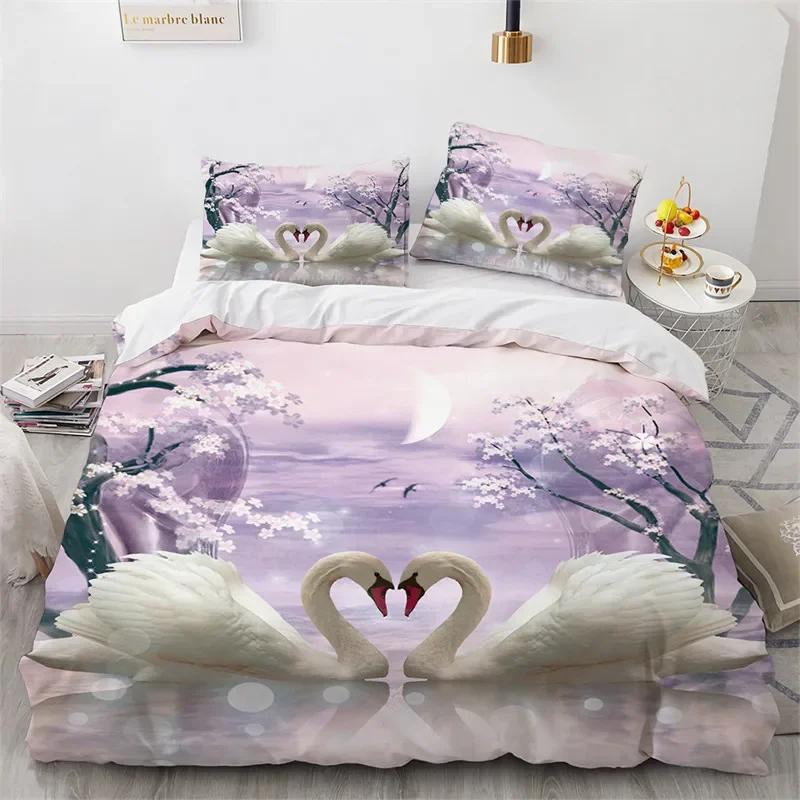 Couple Swan Duvet Cover King Queen For Girls Teen Room Decor Microfiber Romantic Flower Bedding Set Wild Animals Comforter Cover