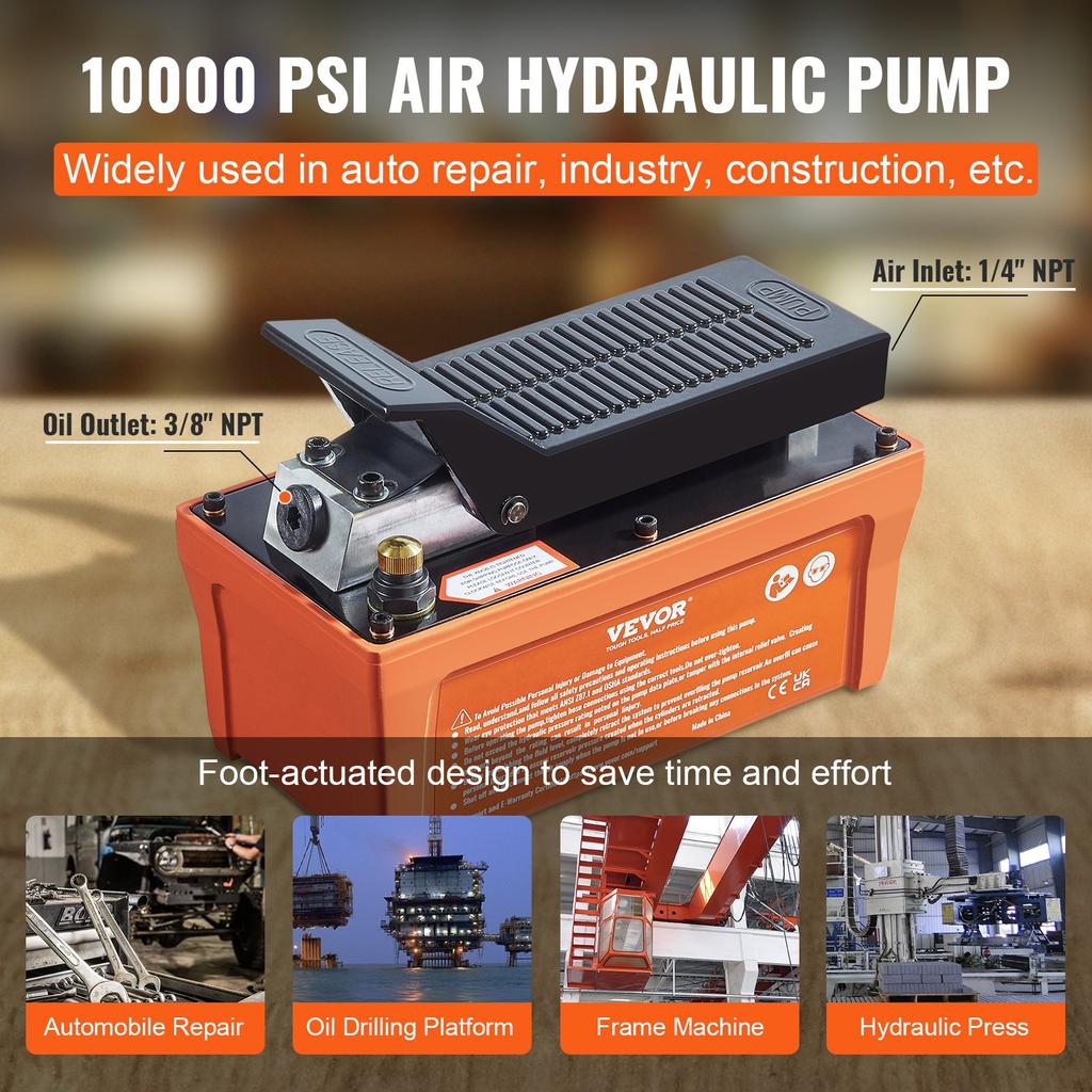VEVOR Air Hydraulic Pump, 6895 Bar 1.9L Reservoir, NPT 10mm Oil Outlet, NPT 6.4mm Inlet, 2m Pipe