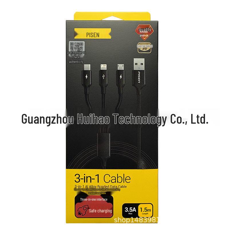 PISEN Aluminum Alloy 3-in-1 Braided Data Cable for Apple, Android, Type-C Devices
