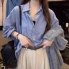 2025 New Women's Blue Striped Long Sleeve Shirt Jacket - Korean Lazy Style Loose Summer Top
