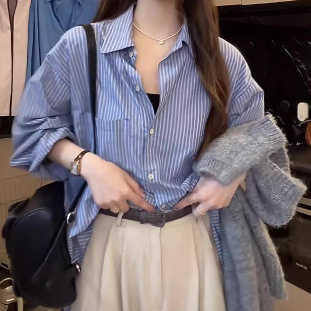 2025 New Women's Blue Striped Long Sleeve Shirt Jacket - Korean Lazy Style Loose Summer Top