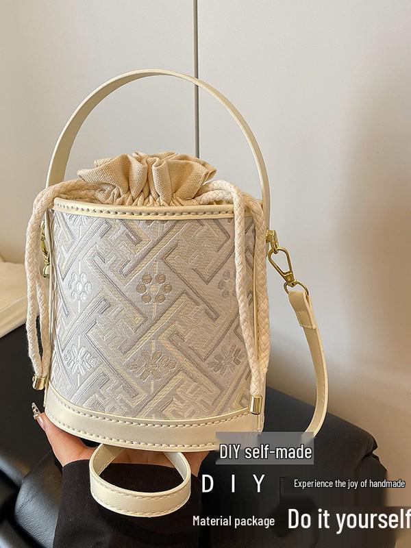 Zhuang Brocade Women's DIY Retro Bucket Crossbody Bag with Drawstring