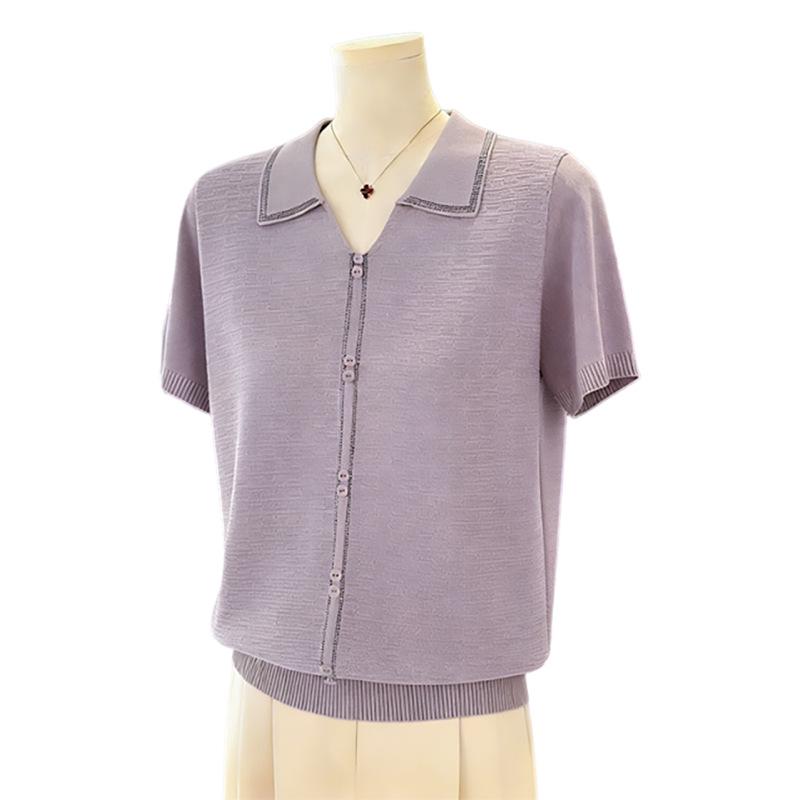 Chic Rhinestone Embellished Short-Sleeve Ice Silk Blouse for Middle-Aged Women - Plus Size Summer Lapel Top