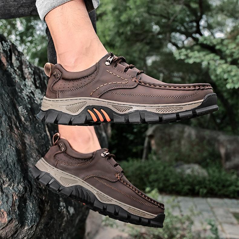 Men's Slip On Faux Leather Hiking Shoes Outdoor Non-Slip Waterproof Walking Sneakers for Male Casual Lace-Up Work Shoes Comfortable Short Boots