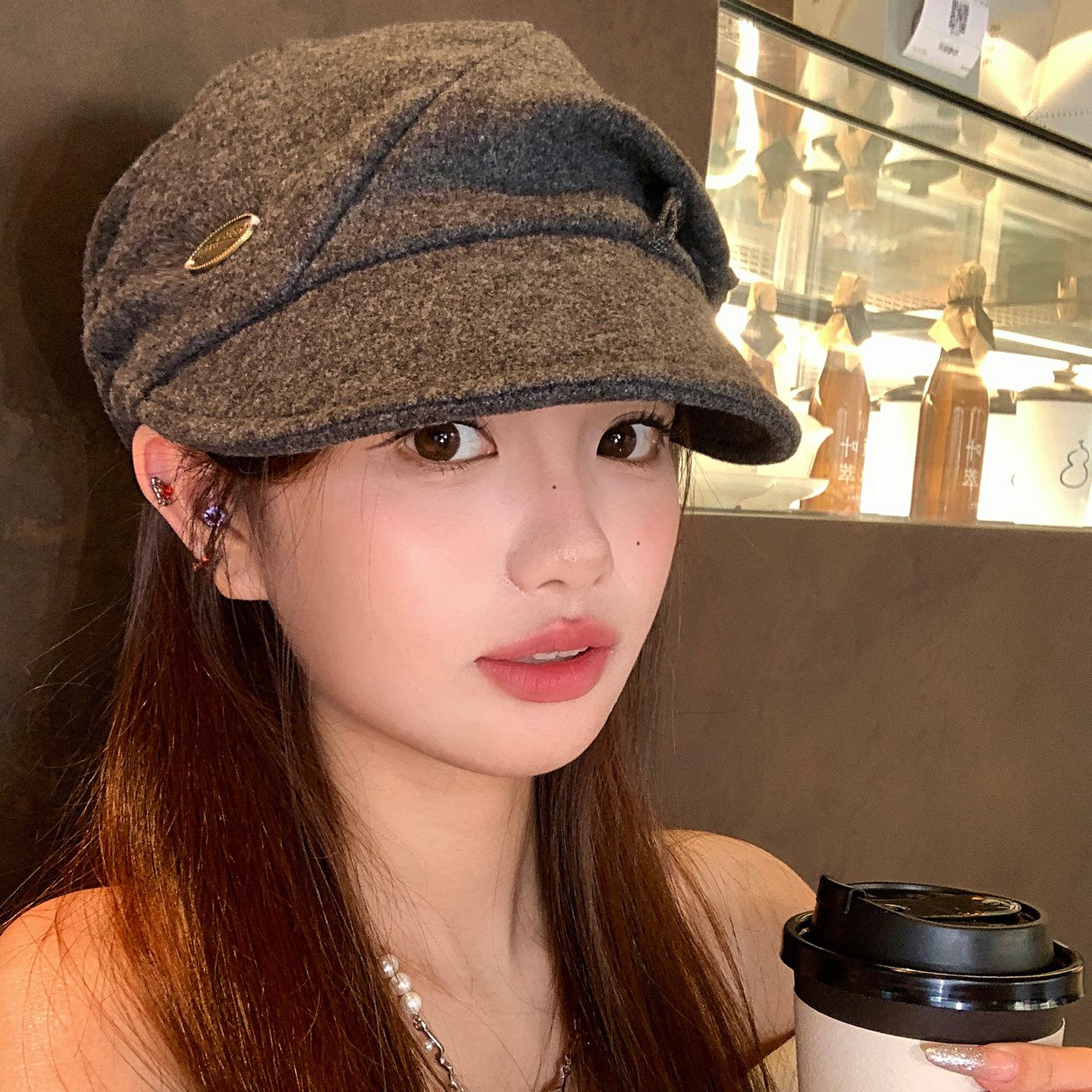 

Японский простой ретро шерстяной берет женский осенне-зимний атмосфера большая окружность головы показывающий лицо маленький облачный шляпа художника M（56-58cm）