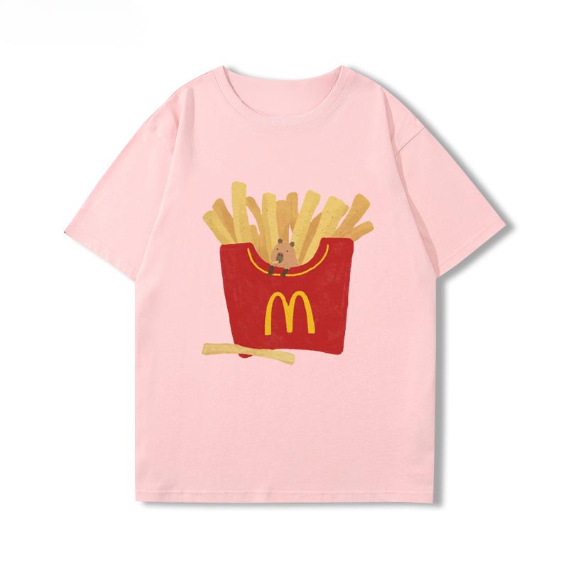 2025 Cute Capybara Capibara Coffee Chips Cartoon Peripheral Short Sleeve Men's and Women's Summer Cotton T-shirt Trend Tops Tee