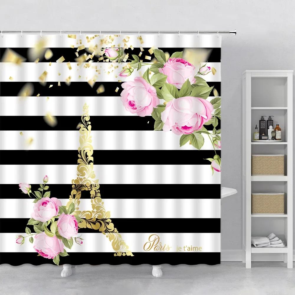 

Paris Tower City Landscape Shower Curtain Set Hook Hanging Cloth Modern Home Decor Bathroom Curtain Polyester Fabric Bath Screen W90xH180cm