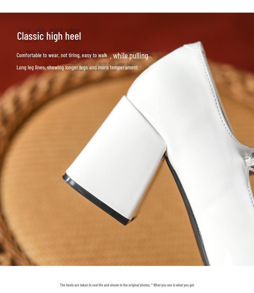 Inspired Mary Jane Thick-heeled Shoes for Women; Round-toed Design with One-word Strap and Pearl Color Accents, Versatile and Stylish.