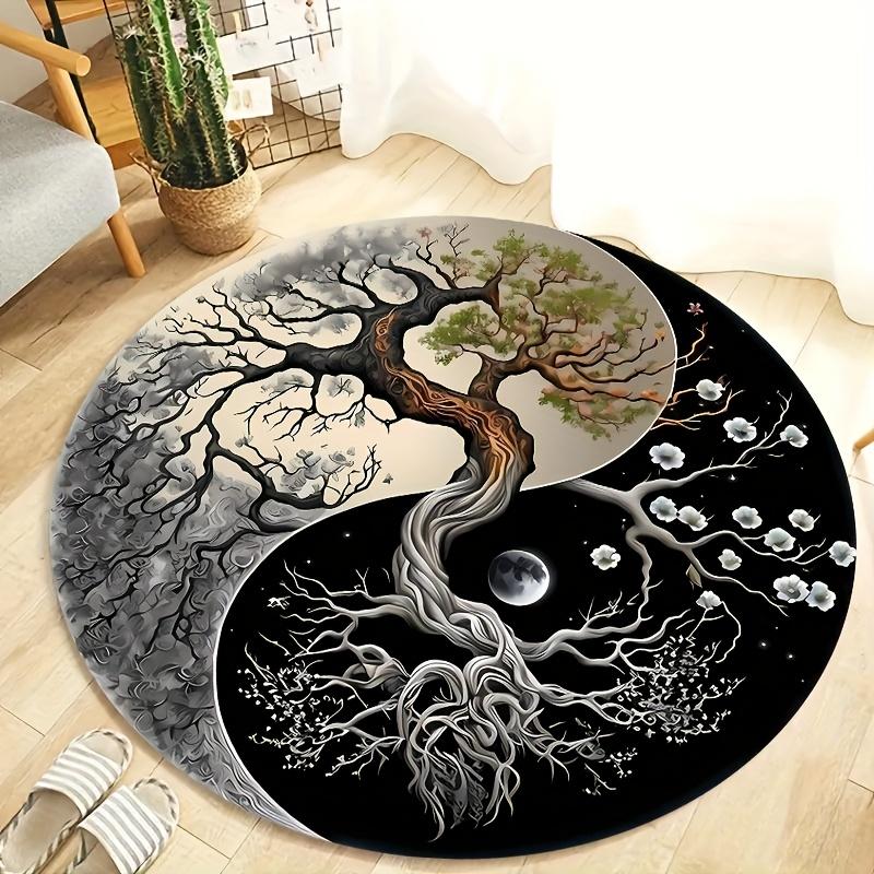 Bohemian Yin Yang Life Tree Pattern Round Rug, Non-slip Floor Mat for Living Room, Bedroom, Bathroom, Holiday Home Decoration