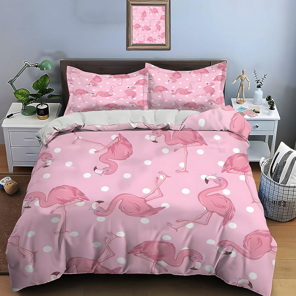 Pink Flamingos And White Polka Dots Print Bedding Set 1 Duvet Cover 2 Pillowcases For Adult And Children Luxury Gift Full Size