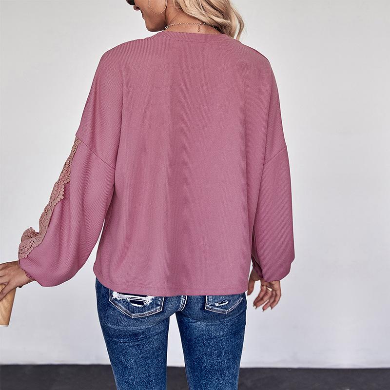 Fashion Spring Autumn Lacework Lantern Sleeve V Neck Solid Color Women Casual Pullover T Shirt Blouse Top