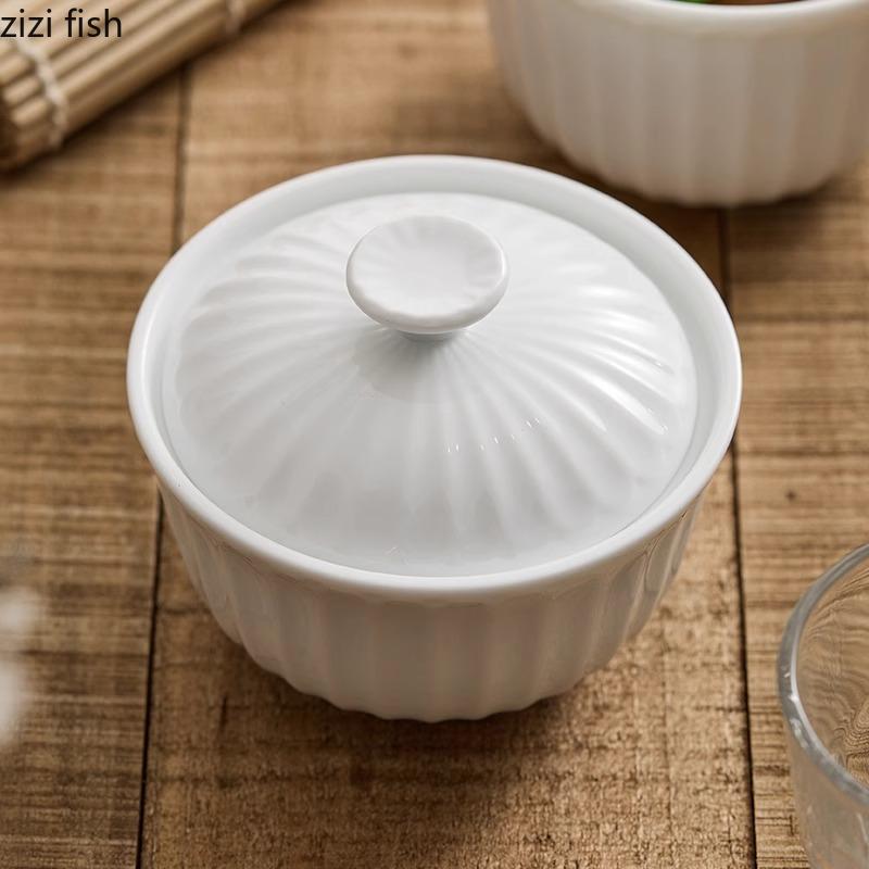 Čistě bílá keramická miska s víkem Kreativní polévková miska Miska na dušená vejce Dezertní misky Servírovací misky Hotelové speciální nádobí