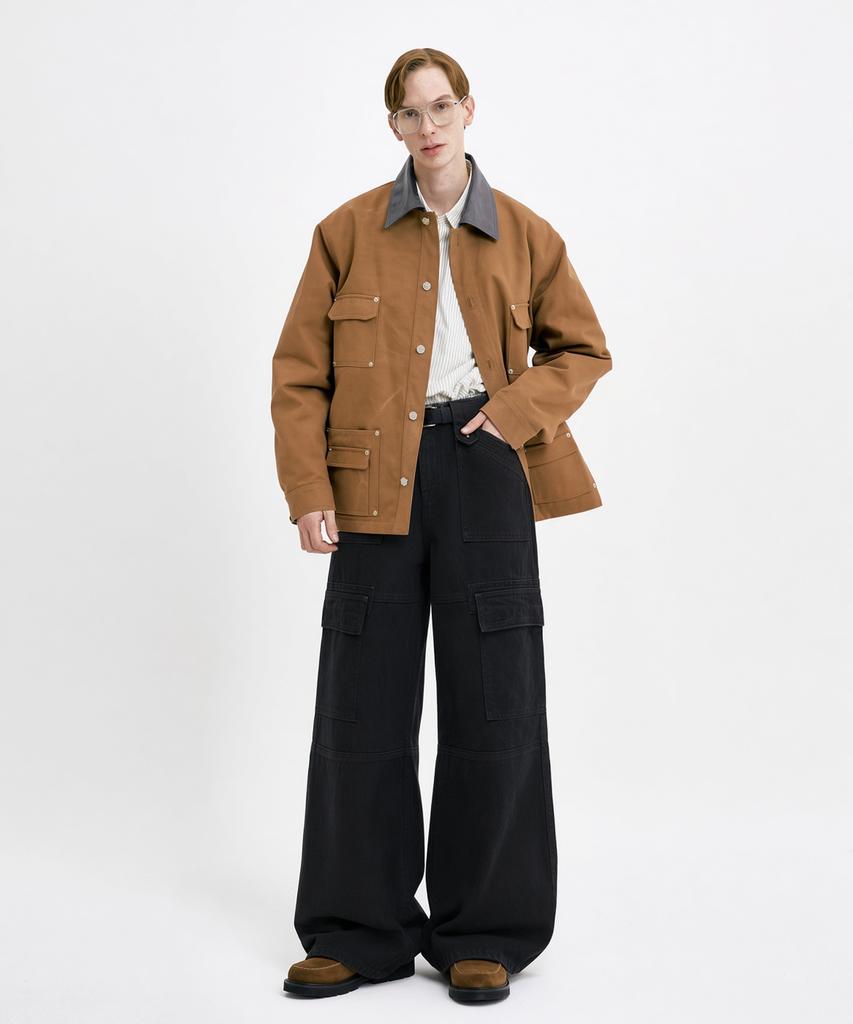 WUNDER GEIST Oversized Faux Leather Collar Contrast Work Jacket