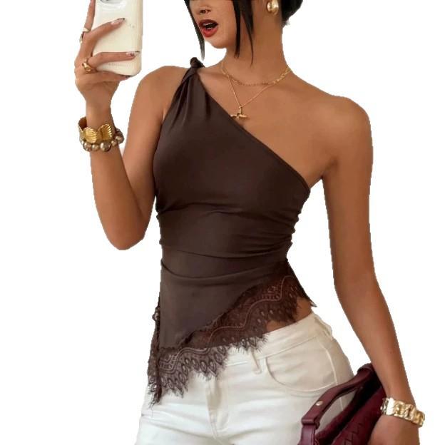 European and American Summer New Metal Buckle Slanted Shoulder Lace Splicing Irregular Hem Vest