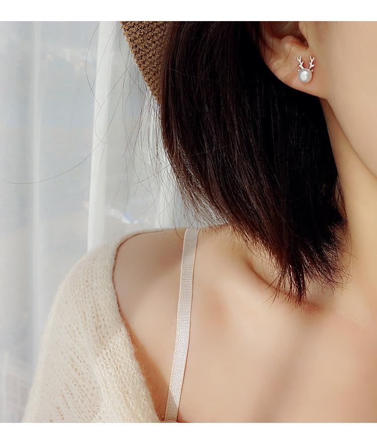Korean Fashion S925 Sterling Silver Freshwater Pearl Antler Stud Earrings, Simple Christmas Gift for Women
