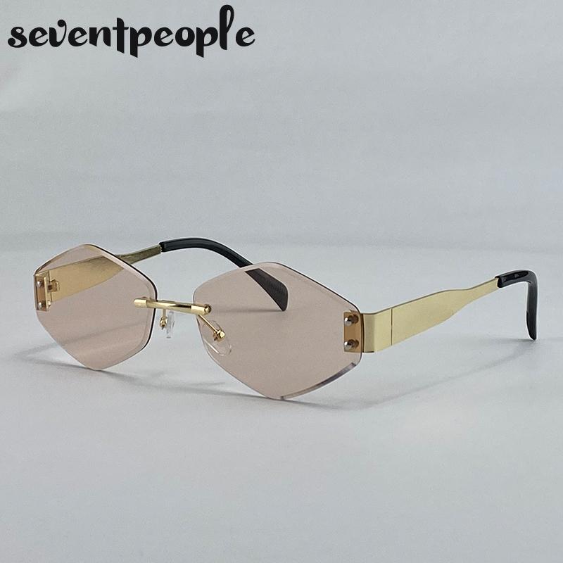 Rimless Small Polygon Sunglasses Women  Luxury Brand Trendy Frameless Hexagon Sunglass For Ladies Fashion Metal Frame Shades