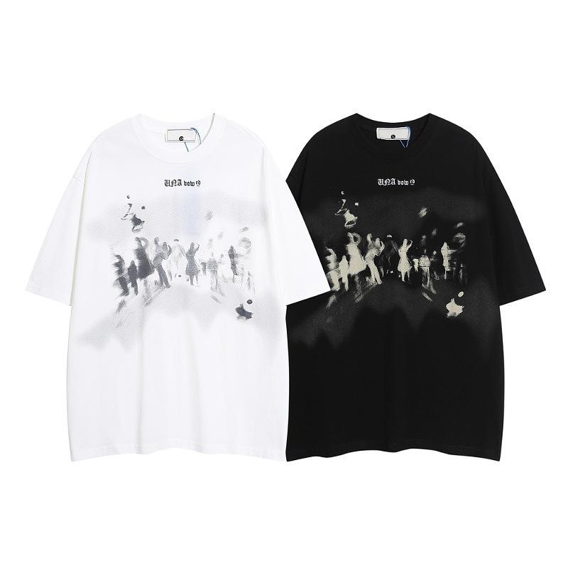2024 Fuzzy Shadow Pattern Trend Short Sleeve American Trend New Teen Trend Crew Neck Loose T-Shirt Men's Clothing