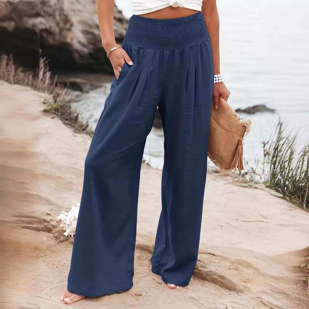 Plus Size European and American Cross-border Spring and Summer New Casual and Versatile Solid Color Elastic Pocket Wide-leg Pant S