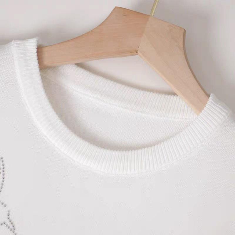 Women's Summer 2025 Butterfly Rhinestone Knitted Top - Ice Silk Short Sleeve, Versatile Round Neck T-Shirt