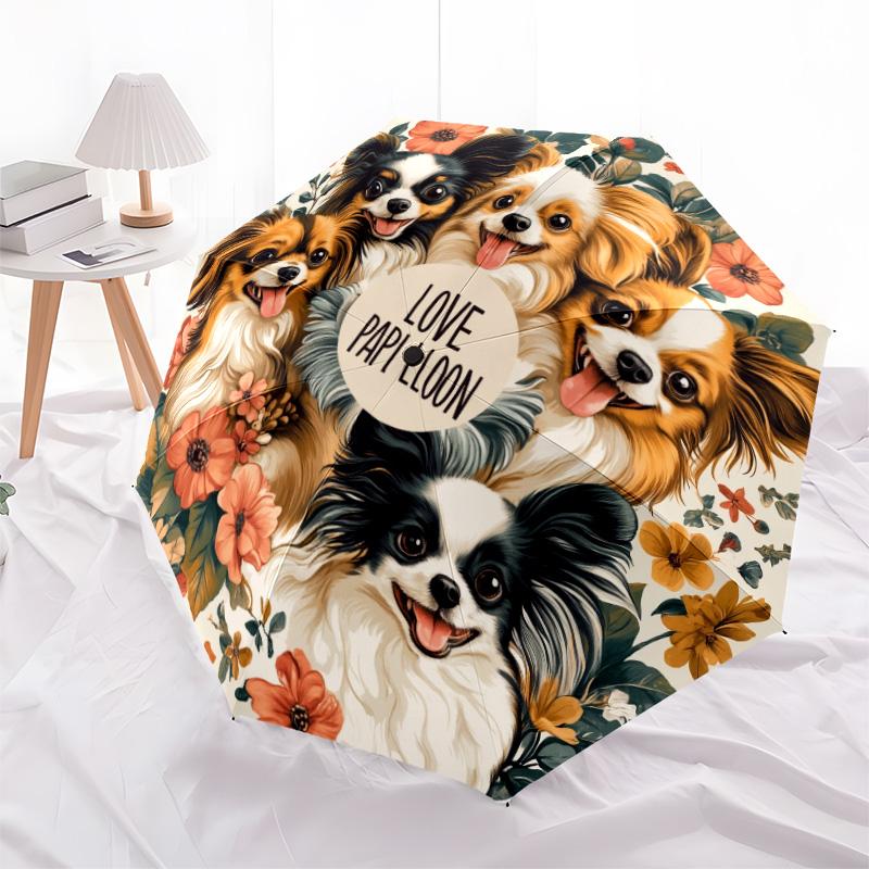 Papillon with Tongue Sticking Out  Pattern, Automatic Folding Umbrella, Portable and Foldable Design, 8 Ribs, a Christmas or Birthday Gift.