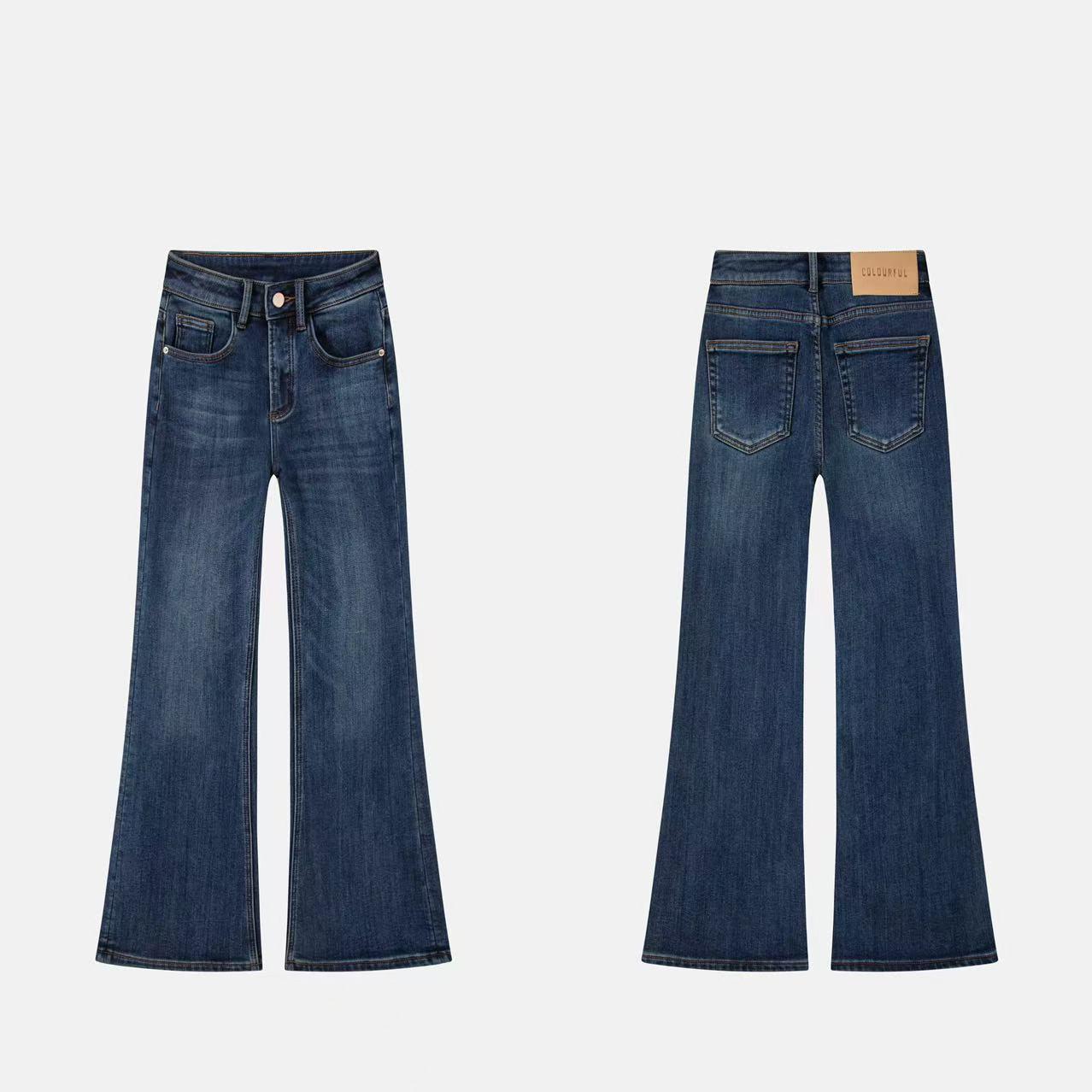 2025 Winter Blue Flocked High-Waist Denim Flare Pants L
