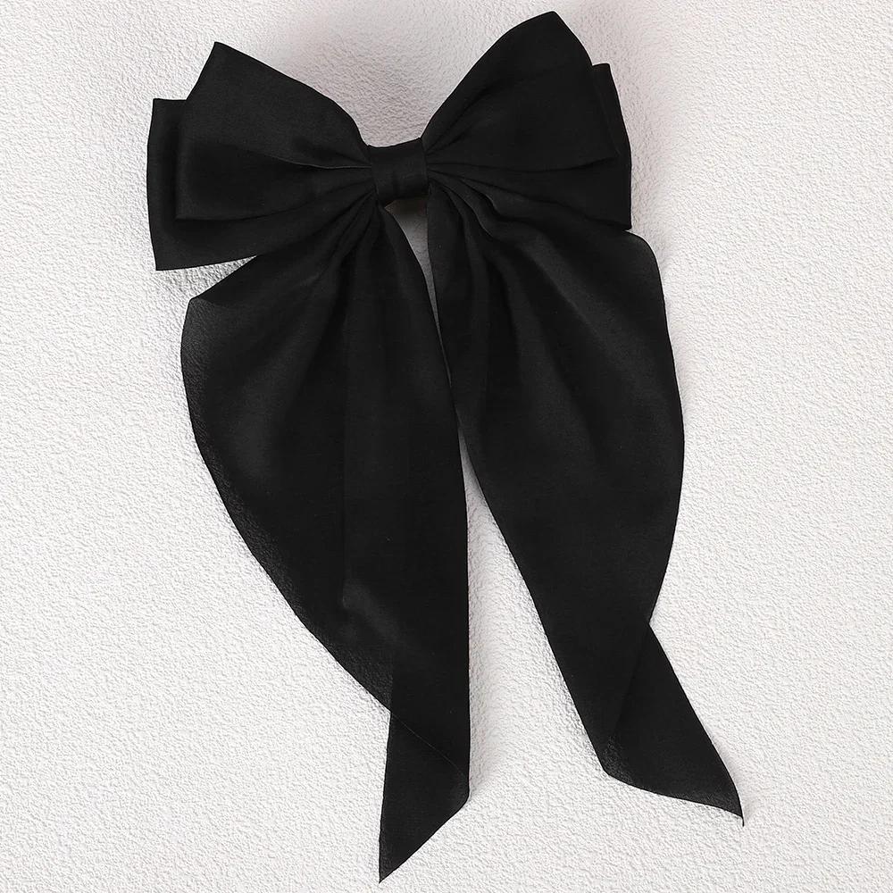 3Styles Girls Long Big Bow Float Satin Clips Back Head Hair Clip Wine Red with The Same Temperament Elegant Hair Accessories