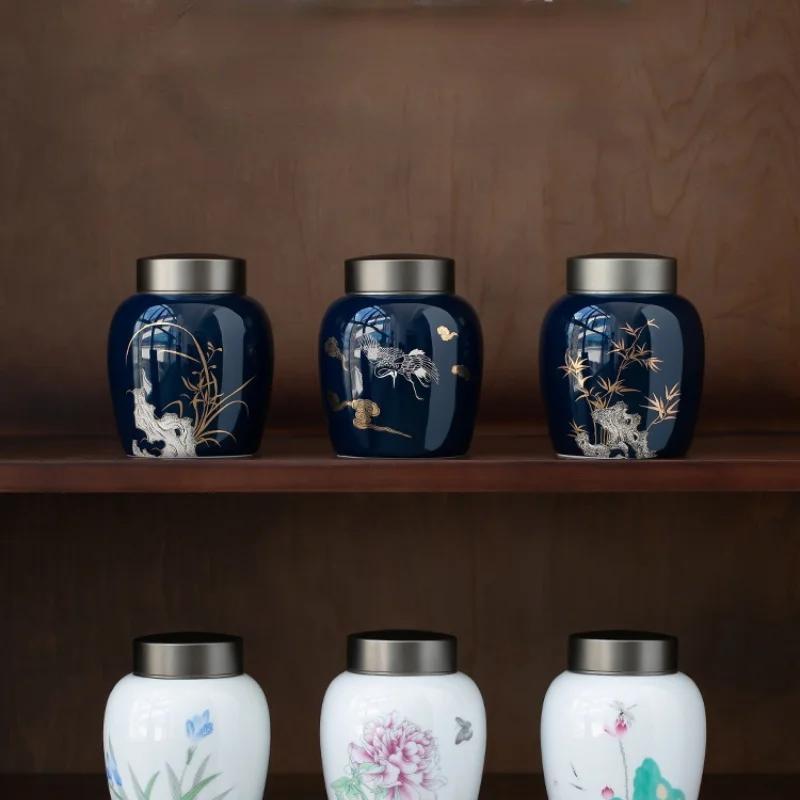 Keramické dózy na čaj v čínskom štýle na uskladnenie čaju, utesnené dózy pre domácu kuchyňu, kreatívne prenosné dózy s viečkom zo zliatiny na uskladnenie