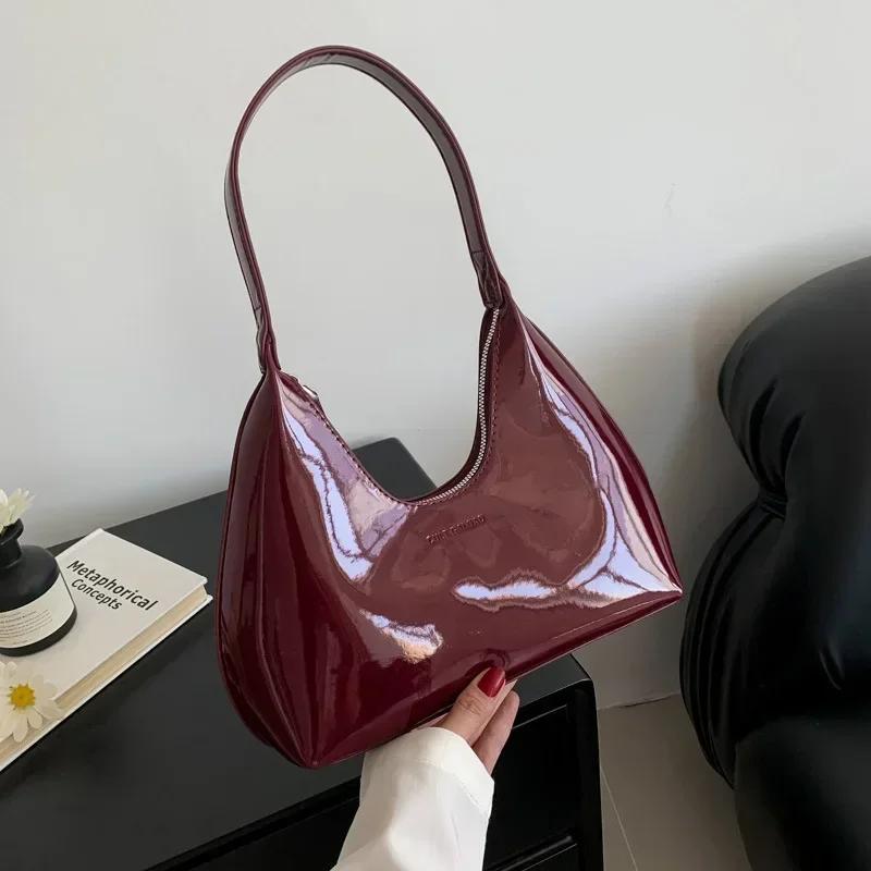 2024 New Trendy Designer Solid Shoulder Bags for Women Handbags and Purses Fashion Patent Leather Underarm Ladies Tote Bags
