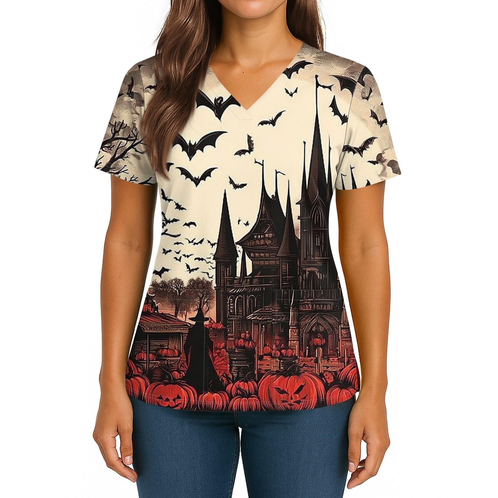 

Women s Halloween Printed V-Neck Double Pocket Short Sleeves Hem Slit Uniform Caregiver Top L бежевий