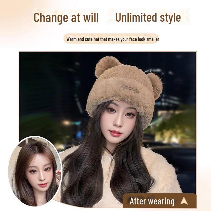 Damska odpinana czapka z misiem z długą kręconą peruką na jesień/zimę - ciepłe okrycie na całą głowę