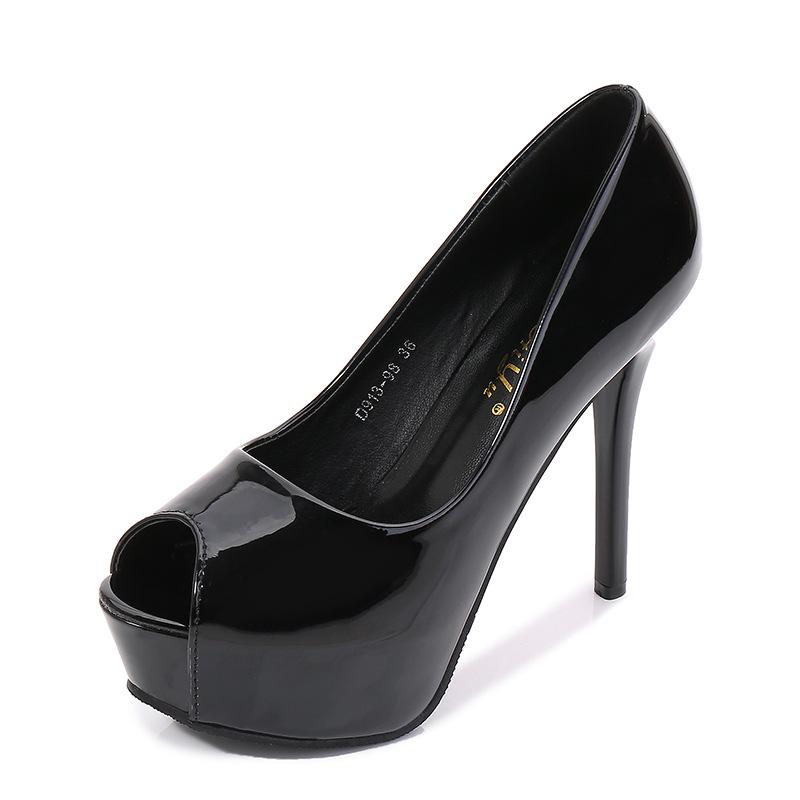 E-Commerce Damenschuhe Lackleder Fischmaul High Heels Dünne Absätze Damen Wasserdichtes Plateau Flacher Mund Einzelne Schuhe Sexy Nachtclub Schuhe