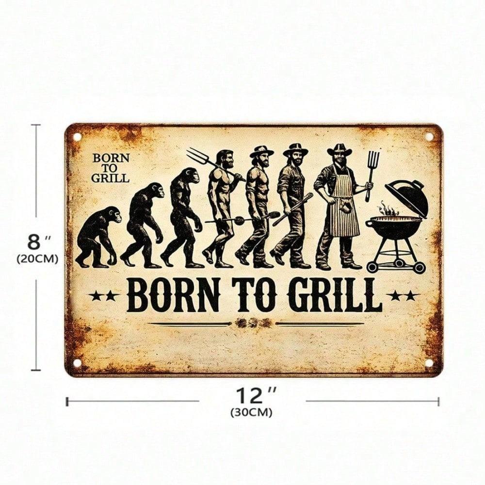 Retro plechová cedule Born To Grill, Plochá vintage BBQ nástěnná plaketa 2D, Odolná železná nástěnná dekorace pro vnitřní i venkovní použití