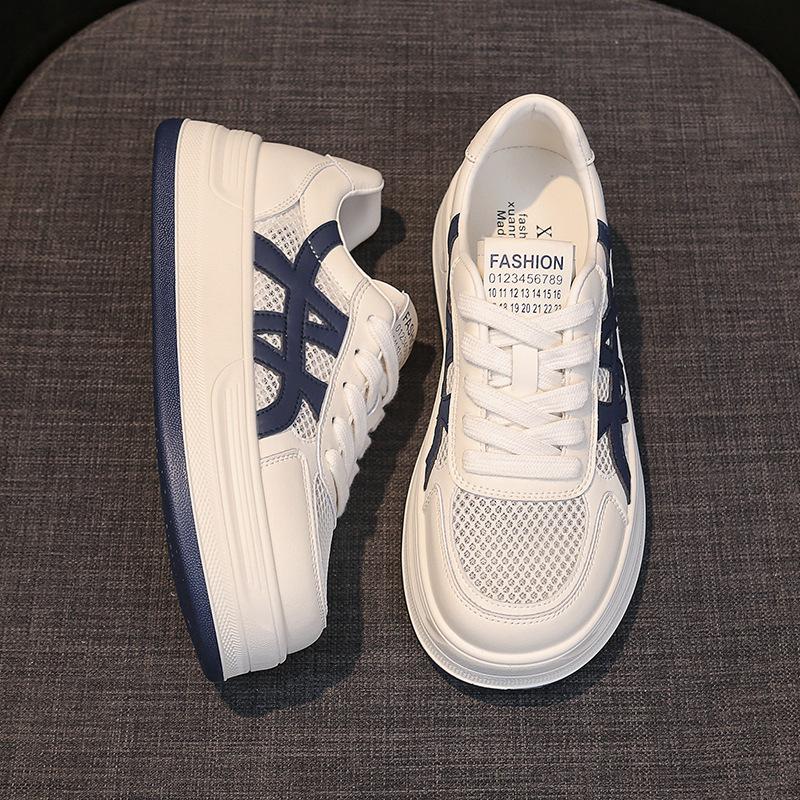 Summer mesh breathable hollow soft leather little white shoes women's shoes 2025 new thick-soled heightening casual sports board shoes