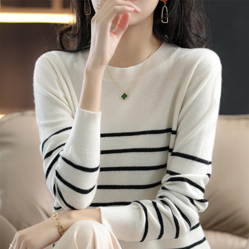 

Women s Pure Cotton Striped Knit Top - Elegant Round Neck, Lightweight Spring/Autumn Sweater XL