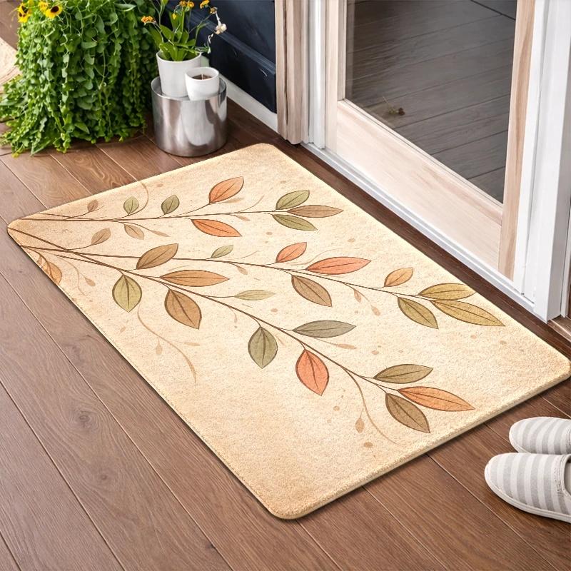 Warm Earth Tone Foliage Print Anti Skid Welcome Mat Entryway Carpet Durable Waterproof Design Seasonal Charm