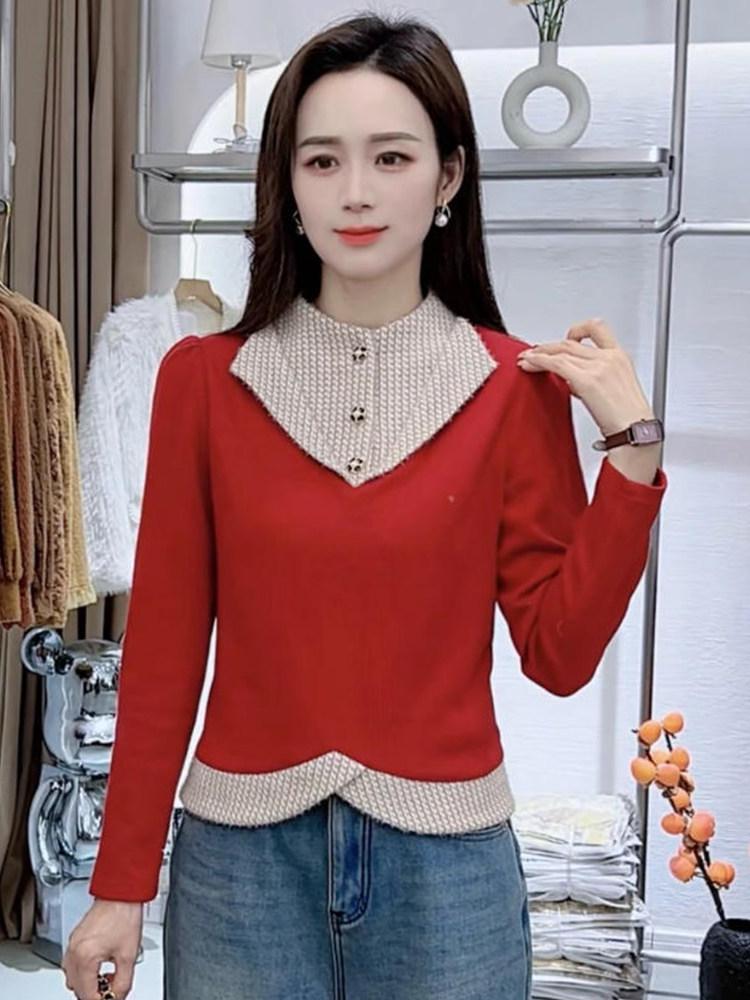 Women's Red French Two-Piece Base Layer Shirt - 2026 Autumn/Winter Stylish Slimming Top