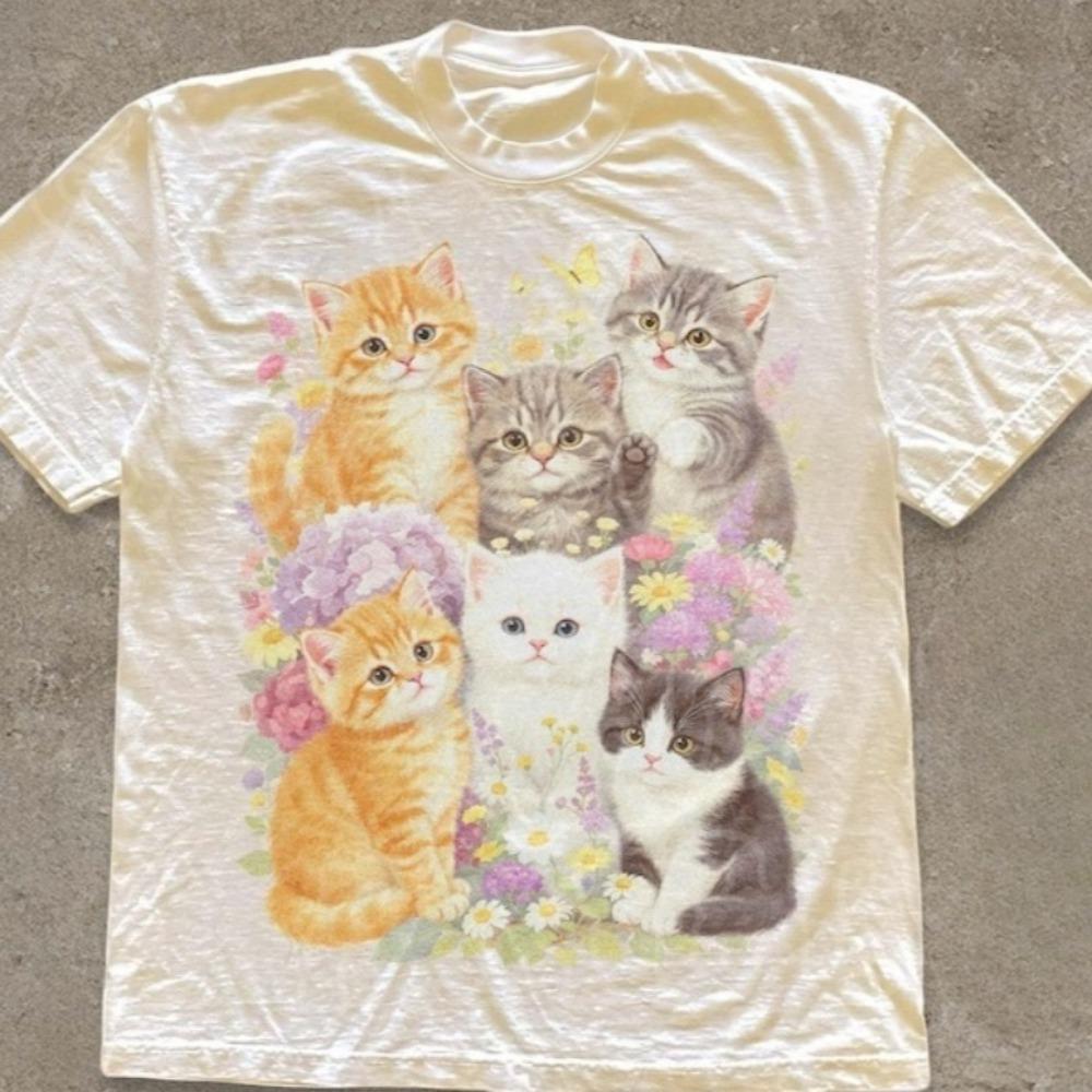 Retro Kittenshirt, Retro Bloemenkat T-shirt, Pastorale Stijl Cadeau T-shirt voor Kattenliefhebbers Esthetische Leuke Kleding, Harajuku Stijl