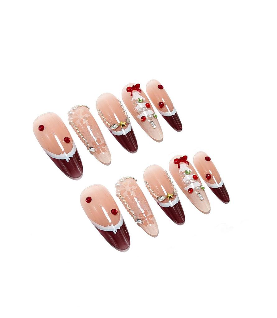 Festive French Press-on Nails - Christmas Tree, Bow Knot, Pearl, Rhinestone Design